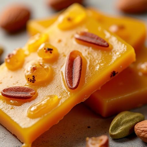 Shards of golden brittle with visible almond slices and spice flecks.