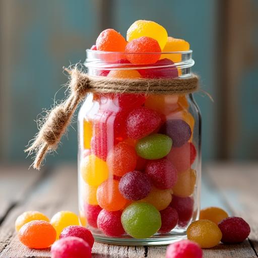 Colorful seasonal hard candies in a glass jar.