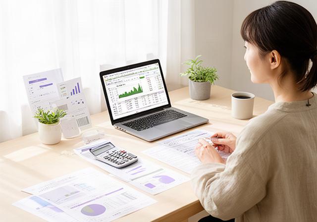 敦賀の明るい仕事机で収入予定と家計予算を確認するフリーランス