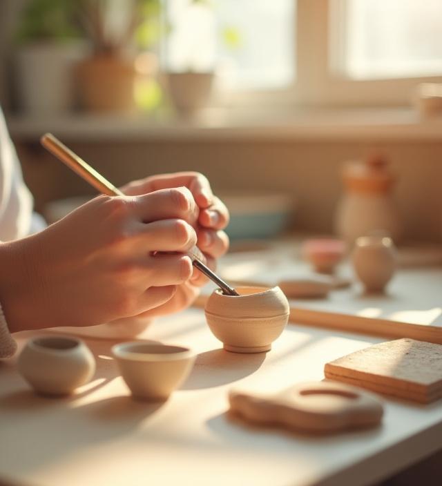 Hænder der omhyggeligt maler en lille keramisk pastil i et lyst værksted